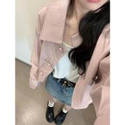 复古美式粉色皮衣外套女春秋季设计感宽松小个子短款pu皮夹克