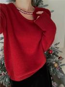 新年红色超好看钉珠镶钻圆领全羊毛套头针织秋冬季毛衣外套女