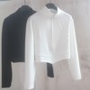 春秋外套拉链短款立领白色上衣，设计感洋气显瘦时尚春秋衫黑色长袖