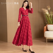 2024秋红色蕾丝连衣裙，女长袖洋气显瘦减龄气质，长款大摆裙长裙
