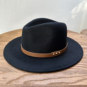 黑色爵士帽皮带礼帽女英伦风复古羊毛帽毛呢帽毡帽出游逛街宽檐潮