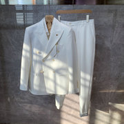 英伦风白色双排扣西装外套男士正装结婚新郎婚礼服时尚西服套装潮