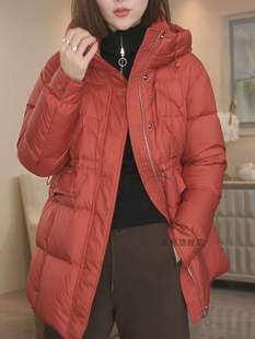 红色棉衣棉服女冬装2024高端大牌，中长款连帽加厚保暖大衣外套