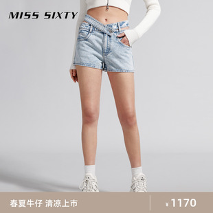 misssixty2024春季浅色，牛仔短裤女性感镂空腰头显瘦直筒热裤