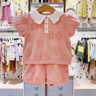 韩国小云朵童装女童粉色花卉套装24夏短袖(夏短袖)娃娃领花瓣t恤短裤套装