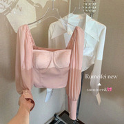 法式方领雪纺衬衫女粉色2023设计修身露锁骨裹胸上衣