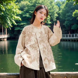 新中式风格廓形感刺绣，牡丹花外套春季色织亚麻上衣