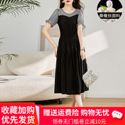 杭州大牌真丝连衣裙女夏季气质，高腰短袖拼接假两件桑蚕丝裙子