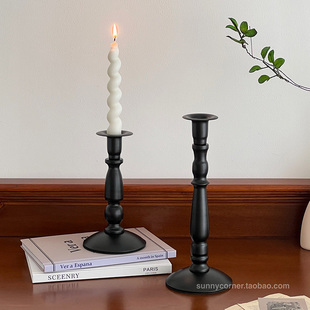 ins美式复古黑色铁艺烛台餐桌氛围感装饰摆件罗马柱长蜡烛台座