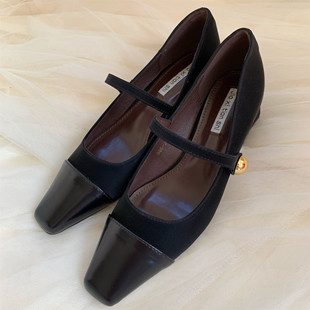 经典黑法式一字带玛丽珍单鞋，杂志款方头浅口粗跟高跟鞋复古奶奶鞋