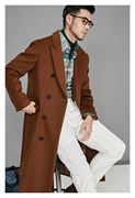 冬季长款羊绒翻领西装大衣，休闲羊毛呢双排扣男士中长款长外套