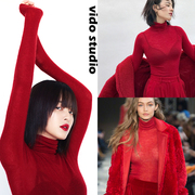 红色高领打底衫女修紧身羊毛绒针织衫长袖内搭毛衣黑超细薄款秋冬