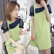 韩版设计感浅绿色斜领拼接直筒连衣裙欧洲站夏季女装欧货