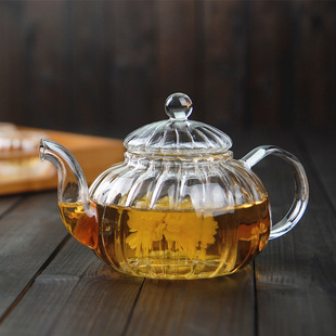 耐热茶具玻璃花草茶壶过滤泡，茶壶冲茶器南瓜，条纹家用水果单壶日式