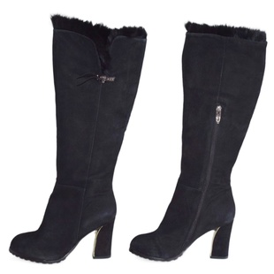黑色兔毛磨砂羊皮高筒，女靴里外全皮圆头，高跟秋冬气质靴子24792012