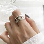 韩国韩版s925纯银简约个性复古泰银宽锁链方条开口戒指指环
