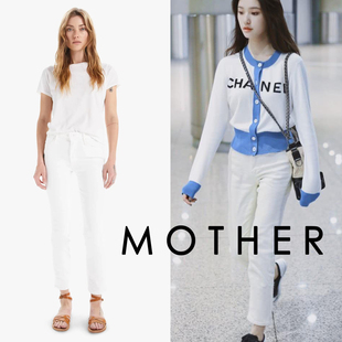 香港mother牛仔裤白色九分直筒，高腰弹力显瘦小个子女士休闲裤
