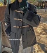 韩国冬款学院风时尚拼色小翻领单排扣毛呢大衣短外套