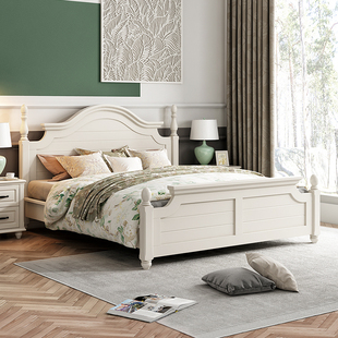 美式田园全实木床，1.51.8米单人双人床白色床高箱床简约卧室床