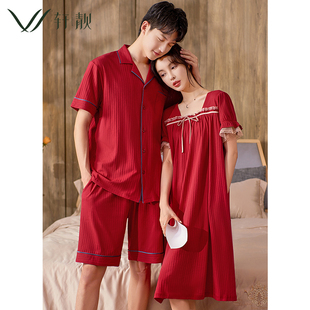 情侣红色睡衣女夏季薄款纯棉睡裙新娘结婚家居服男士短袖大码套装