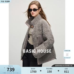 basichouse百家好设计感立领，羊羔毛外套(毛外套，)女2023秋冬保暖上衣