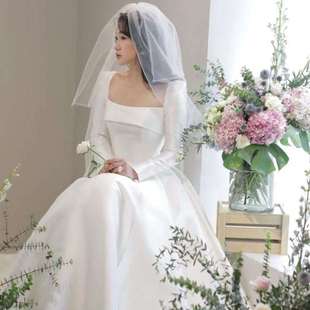 缎面长袖婚纱2021新娘，气质法式简约一字肩孕妇，婚纱遮孕肚绸面