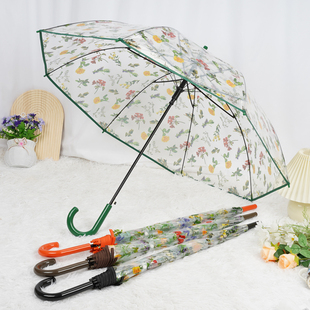 透明伞女碎花朵纤细弯柄伞长柄伞半自动直杆伞弯柄大伞面雨伞