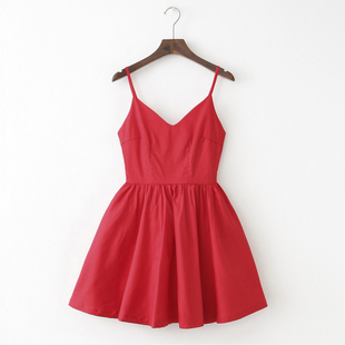 欧美复古纯色大红色超大裙摆蓬蓬收腰吊带裙连衣裙打底裙夏季