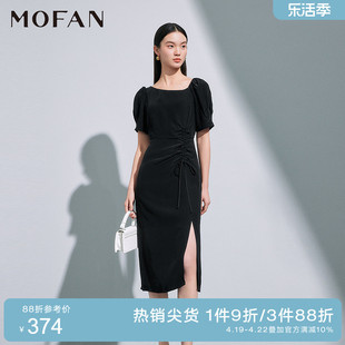 mofan摩凡优雅黑色裹胸茶歇裙2024春款高腰褶皱，设计感显瘦连衣裙