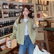 浅绿色休闲夹克外套，女短款2023秋韩版宽松减龄小个子炸街上衣
