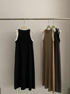 法式黑色假两件背心连衣裙，女夏季冰丝长裙复古小个子，无袖针织裙子