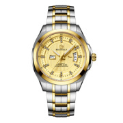 男防水表实心钢带士手表，双日历自动机械商务，圆形精钢白色国产腕表