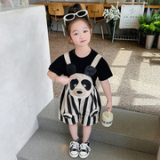 女童夏装背带裤套装2024洋气可爱儿童女宝熊猫短袖裤子两件套