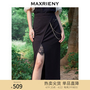 maxrieny纯欲宫廷风裙子侧开叉蕾丝一步裙，22夏黑色(夏黑色)半身短裙设计感