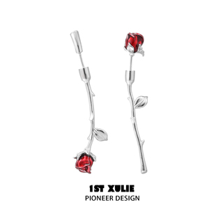 1stxulie红色玫瑰耳钉原创小众设计高级耳环，甜酷辣妹耳饰925银针