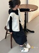 韩国女童2024春秋季洋气休闲纯色儿童单排扣马甲工装半身裙