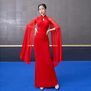中国风名族风女红色，民族舞纯色盘扣长袖改良版，旗袍连衣裙长款表演