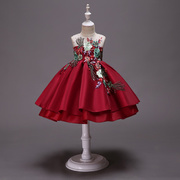 女童礼服绣花裙子蝴蝶结，可爱连衣裙蓬蓬绸缎，公主裙派对表演礼服