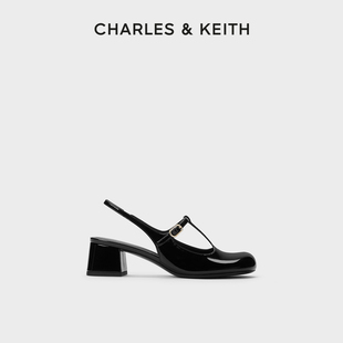 charles&keith24春夏，ck1-60280424圆头漆皮粗跟玛丽珍鞋凉鞋