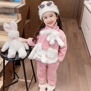 女童兔子卫衣加绒套装2023女宝宝冬装洋气时髦加厚保暖三件套