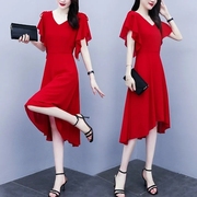 纯色连衣裙2021夏女韩版中长款不规则气质雪纺有女人味的裙子