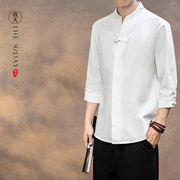 中国风男七分袖亚麻衬衫，棉麻中华立领，中山衬衣盘扣复古短袖汉服