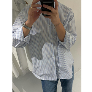 MRDONG韩国男装春季清新气质三系竖条纹前短后长宽松长袖衬衫