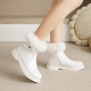 女童靴子白色短靴2024冬季加绒保暖棉靴公主皮靴儿童鞋雪地靴冬靴