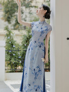 新中式旗袍元素长衫上衣+蓝色，半裙一套优雅修身仙气显白民国风夏