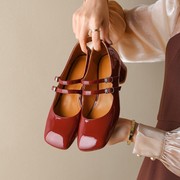 玛丽珍小皮鞋女小众设计感小红鞋芒果头娃娃鞋赫本风漆皮红色皮鞋