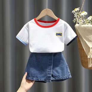 女童夏装短袖套装韩版儿童，时髦一套衣服洋气女宝宝，牛仔裙裤两件套