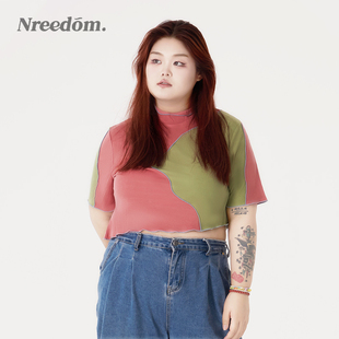 Nreedom2024胖mm夏季短款上衣常规修身小众拼接撞色t恤短袖女