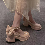 单鞋女2024春秋季法式高跟鞋粗跟玛丽珍鞋子厚底小皮鞋