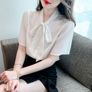 白色短袖雪纺衬衫女2023蝴蝶结夏洋气职业衬衣韩版设计感上衣